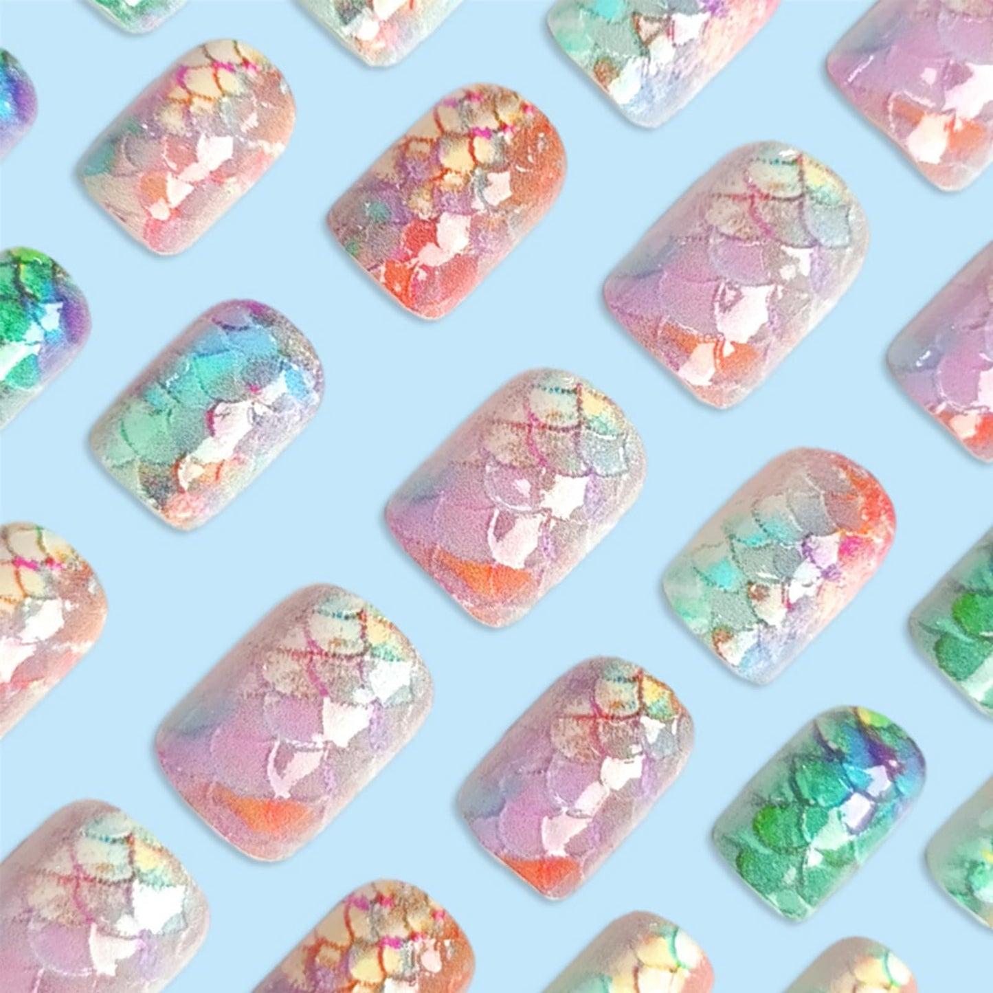 Mermaid Press on Nails Short Square, Gradient Colorful Fake Nails with 3D Fish Scales Design Summer Vacation False Nails, 24Pcs Glossy Reusable Artificial Stick on Nails for Women Manicure