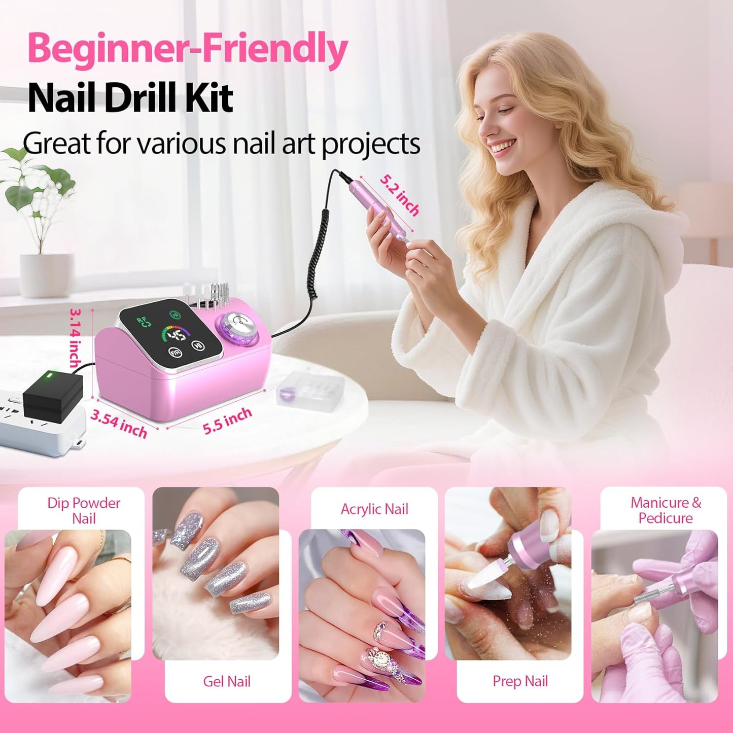 Electric Nail Drill E-File Machine - 45,000 RPM Corded Kit with Low Noise & LED Display for Acrylic Gel Nails | Salon & Home Use