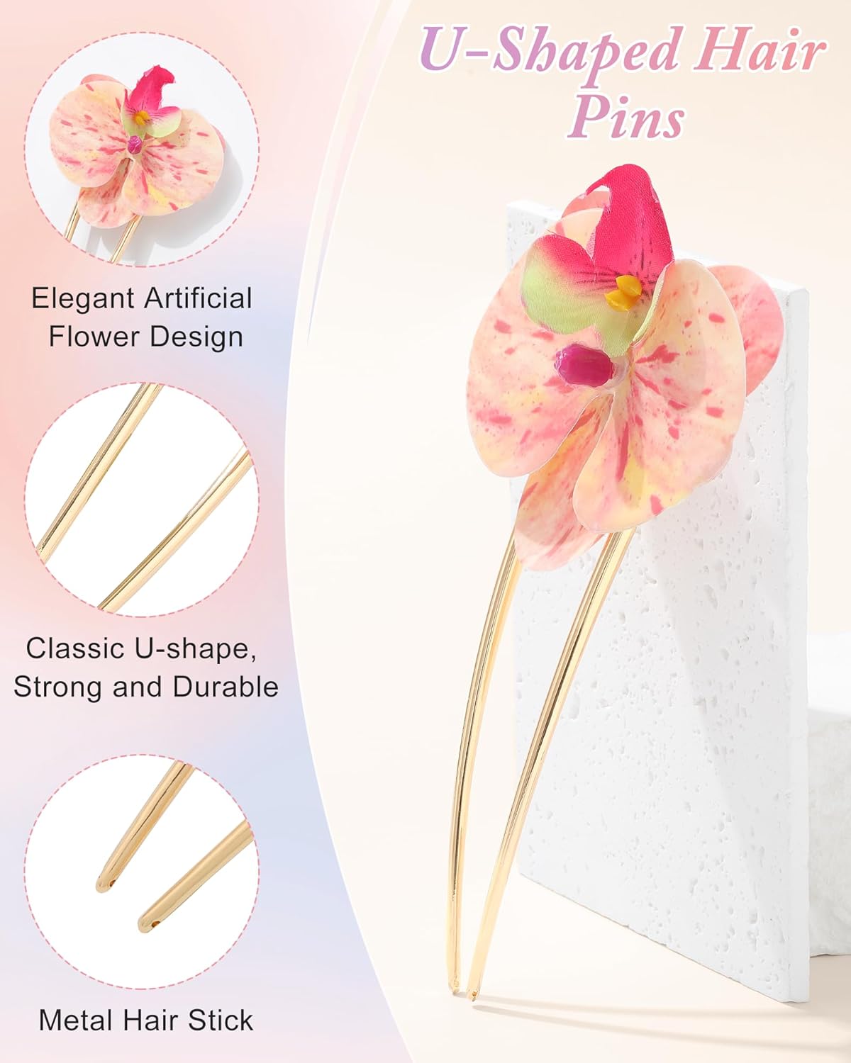 Hawaiian Orchid Flower Hair Pins - 3 Pack Metal Hair Sticks for Thick Hair Updos | Perfect for Beach Vacations
