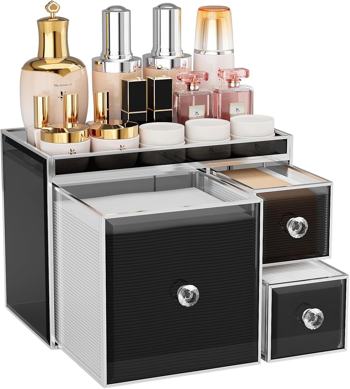 Tempered Glass Face Towel Holder - 3 Drawer Bathroom Vanity Organizer for Towels, Cotton Pads & Skincare Tools