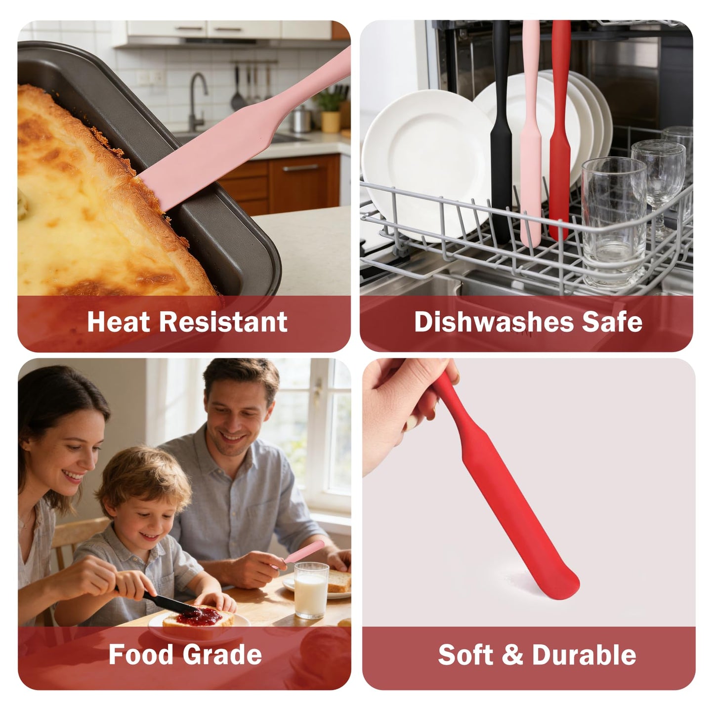 Silicone Jar Spatula,Long Handle Sourdough Spatula,Small Silicone Spatulas Bulk for Scraping Jars Butter Kitchen Baking Mixing Cake (Black, Red, Pink)