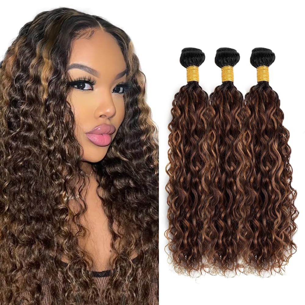 300g 30 32 34 inch Highlight Bundles Ombre Brown Human Hair Bundles Dark Brown Water Wave Bundle 4/30 Water Wave Bundle