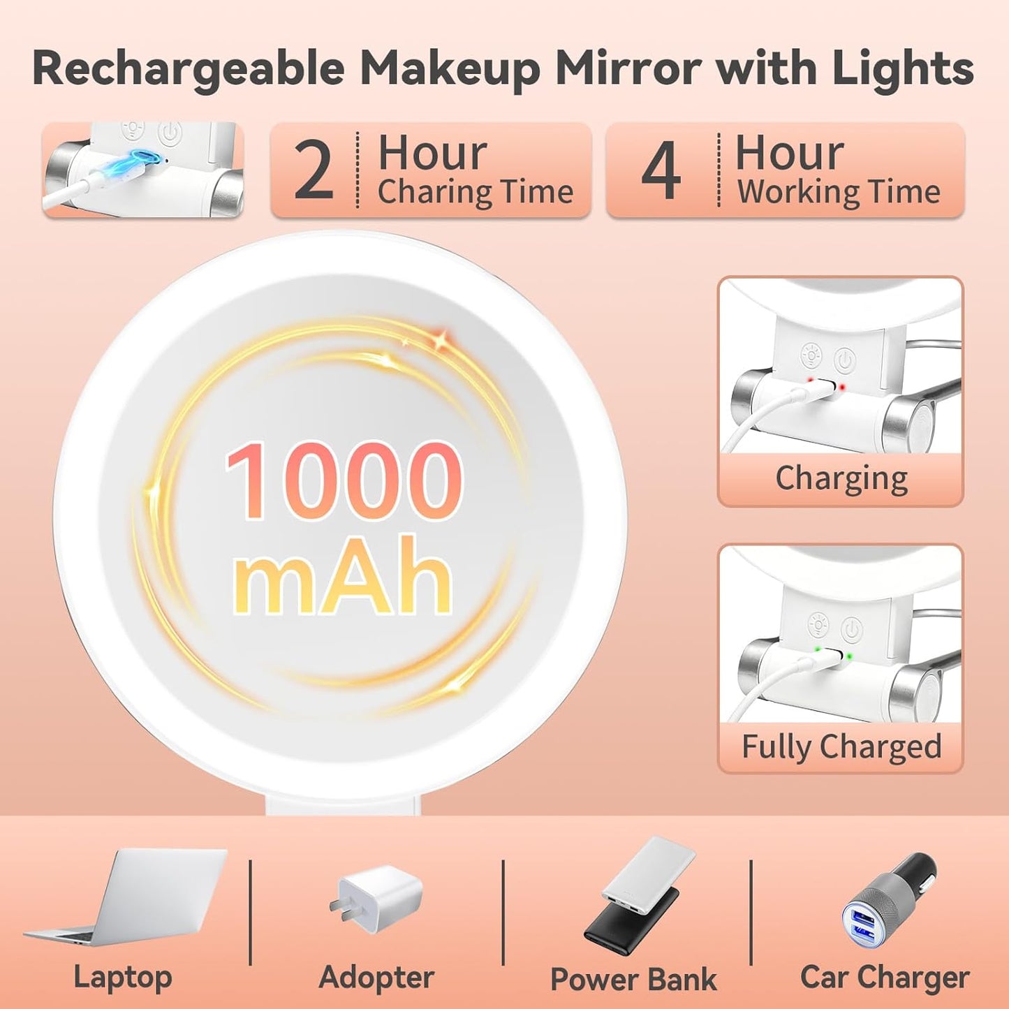 Makeup Mirror with Lights - 1X/30X Magnifying Double-Sided | Adjustable 3 Color Light, Rechargeable 2000mAh