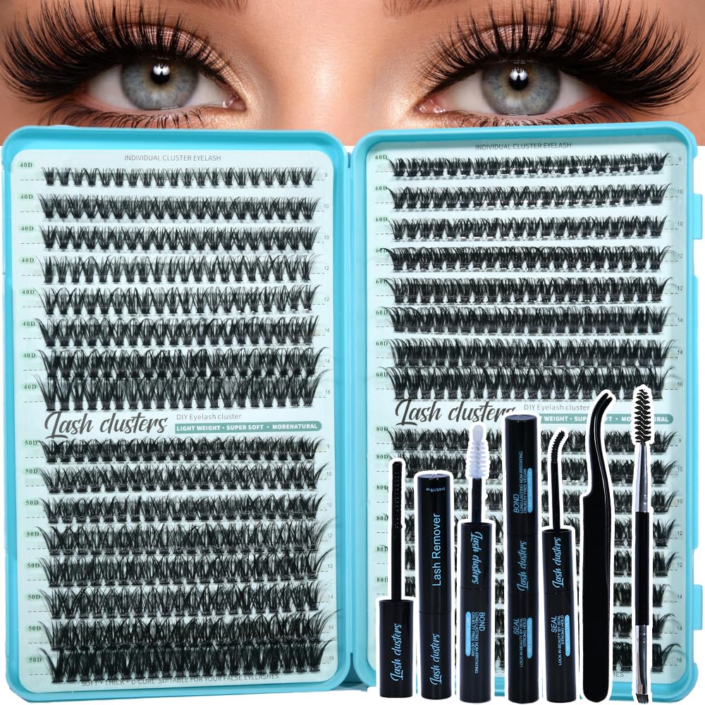 Lash Clusters Kit - 640pcs Wispy 30D/40D D Curl Individual Extensions | Natural 9-16mm with Bond, Seal & Tweezers