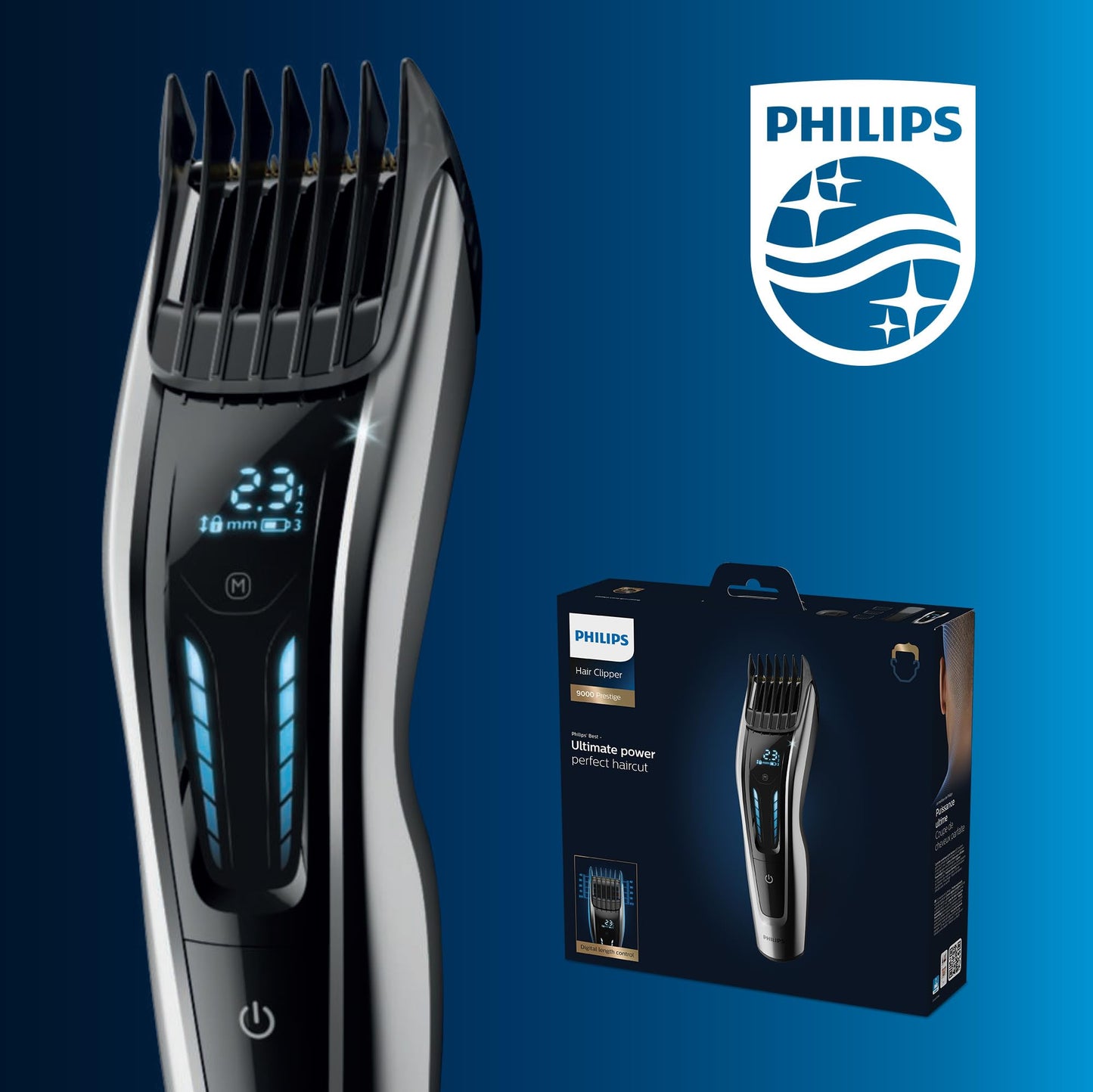 Norelco Philips Hair Clipper 9000 Series, Hair Trimmer, Auto Turbo, Dual Cut Technology, Motorized Combs, 400 Length Settings, 120 Min. Runtime, Zero Maintenance, Model HC9450/40
