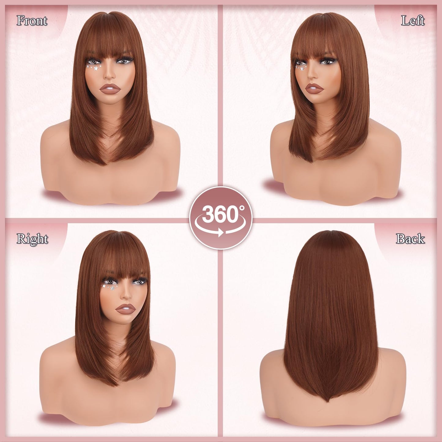 Haloo Auburn Bob Wigs with Bangs Shoulder Length Straight Natural Looking Synthetic Heat Resistant Medium Hair Wigs for Women Daily Party, 16 Inch