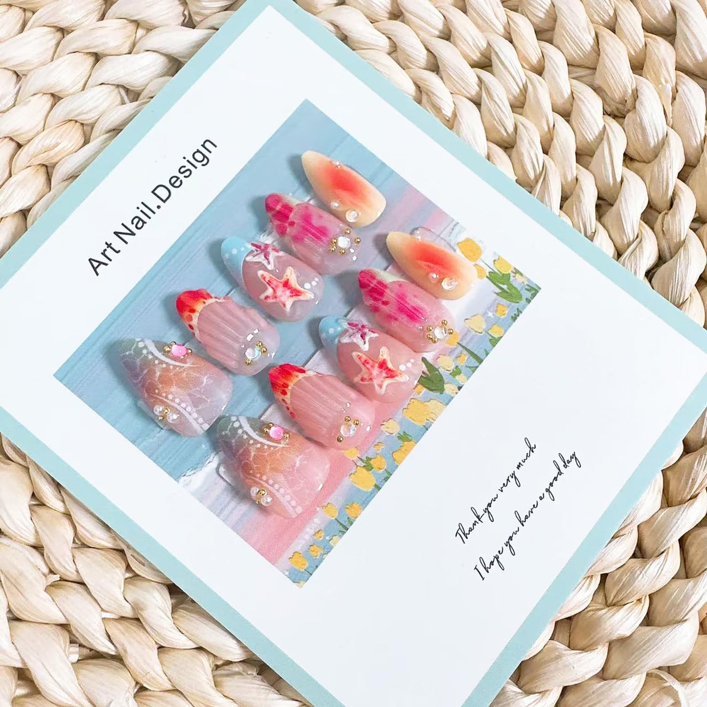 30Pcs Summer Beach Press on Nails Short Almond Fake Nails with 3D Seashell Designs Cute Starfish Acrylic Nails Gems Rhinestones Glue on Nails Ocean False Nails French Tip Stick on Nails for Women