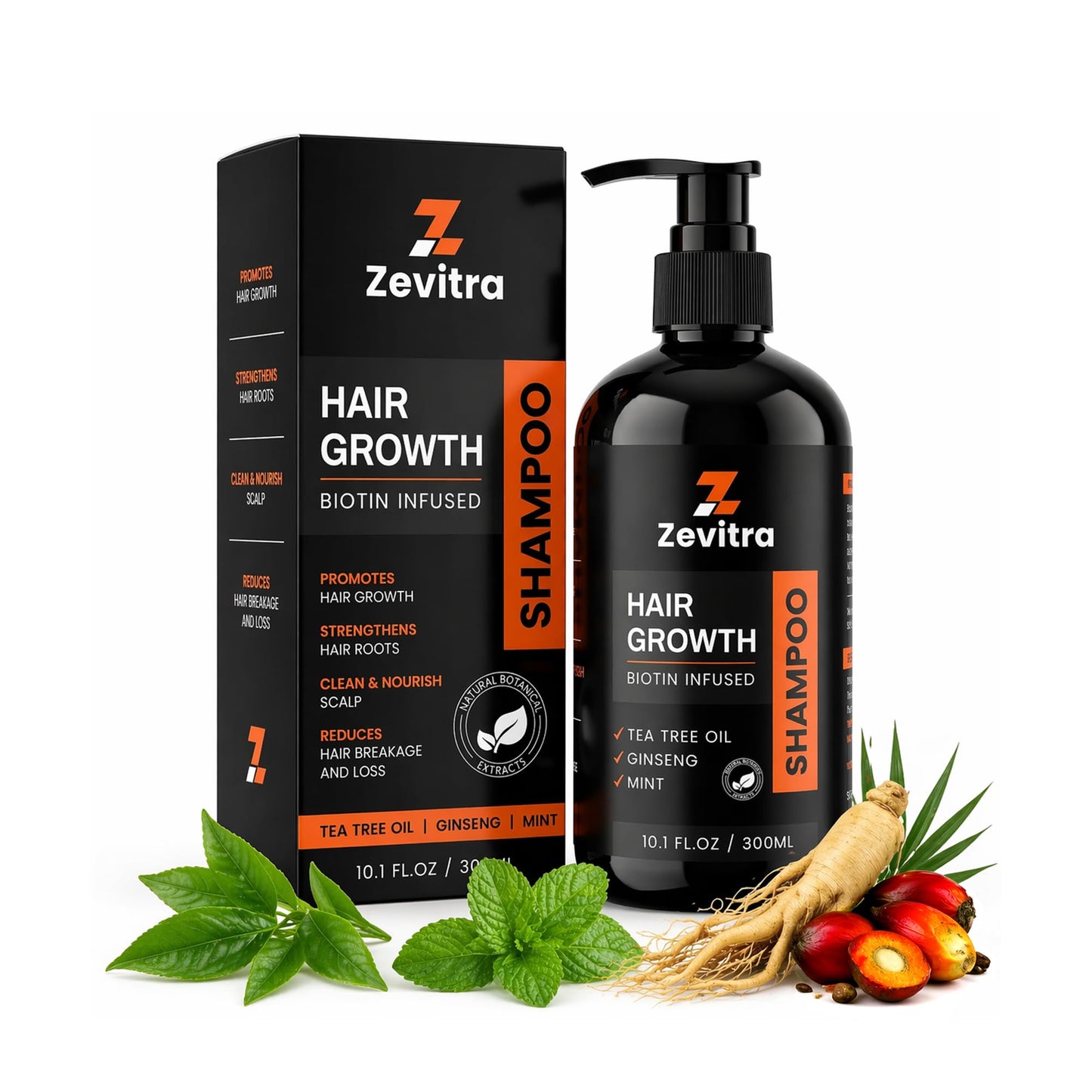 Zevitra Hair Growth Shampoo 10.1 FL.OZ / 300ML Biotin Hair Shampoo with Tea Tree Oil, Ginseng & Mint To Cleanse The Scalp – Strengthen Roots and Reduce Breakage – Sulfate & Paraben Free Formula