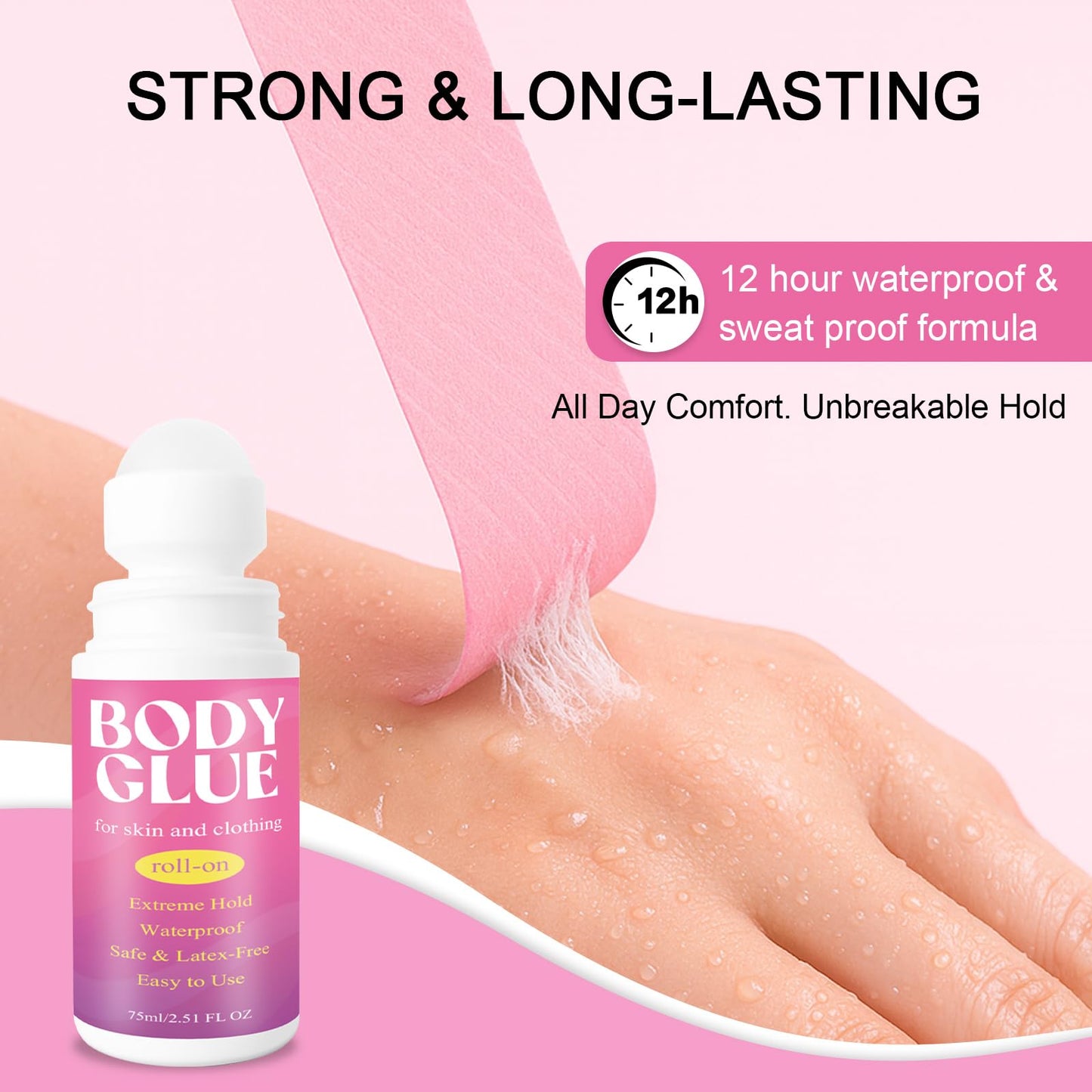 Strong Hold Body Glue for Skin and Fabric, Roll On Clothing Adhesive for Dresses and Dance Costumes, Sweat Resistant Fashion Glue for Socks, Strapless Tops, Performance Wear, 75ml (75ml)