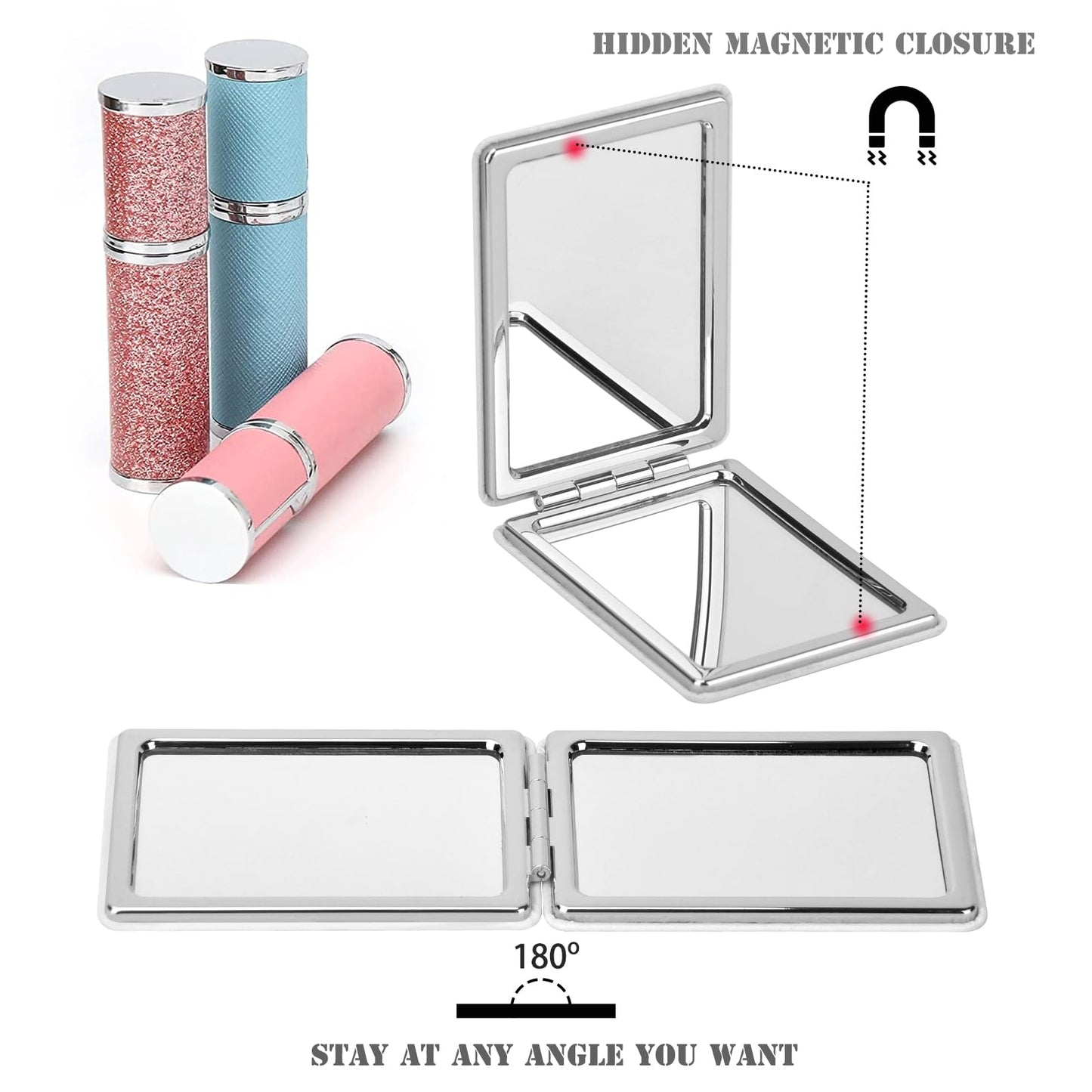 Delicate Compact Travel Vanity Mirror for Girls Women Men, White 2-Sided Folding Makeup Mirrors for Pocket Handbag Purse Wallet, Portable Slim Magnifying Cosmetic Mirror with 3D Shell Pattern