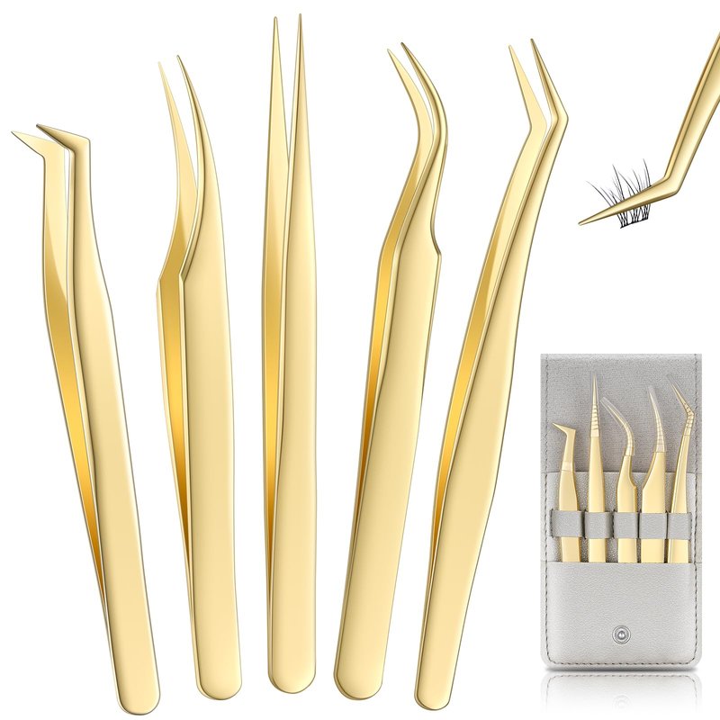 MORGLES Golden Lash Tweezers Set, 5 PCS Professional Eyelash Tweezers for Eyelash Extensions for Beginners & Lash Artists