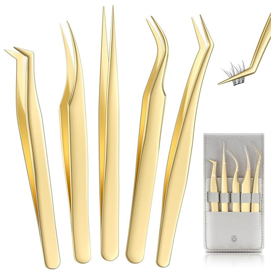 MORGLES Golden Lash Tweezers Set, 5 PCS Professional Eyelash Tweezers for Eyelash Extensions for Beginners & Lash Artists