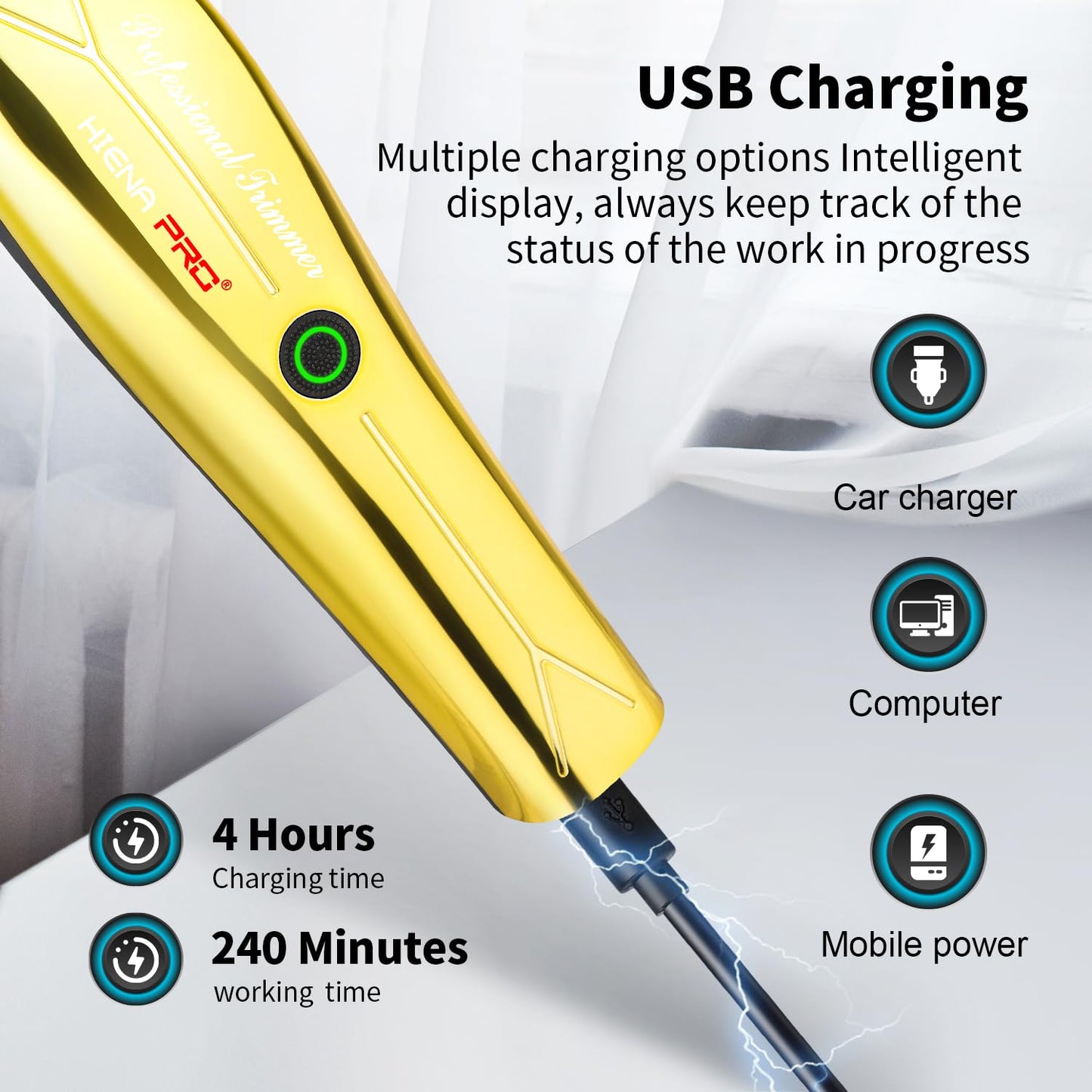 HIENA PRO Electric Trimmer for Men, Professional T-Blade Precision Beard Trimmer, Cordless Clipper Barber Hair Cutting Tool with USB, Gifts for Men(Silver)