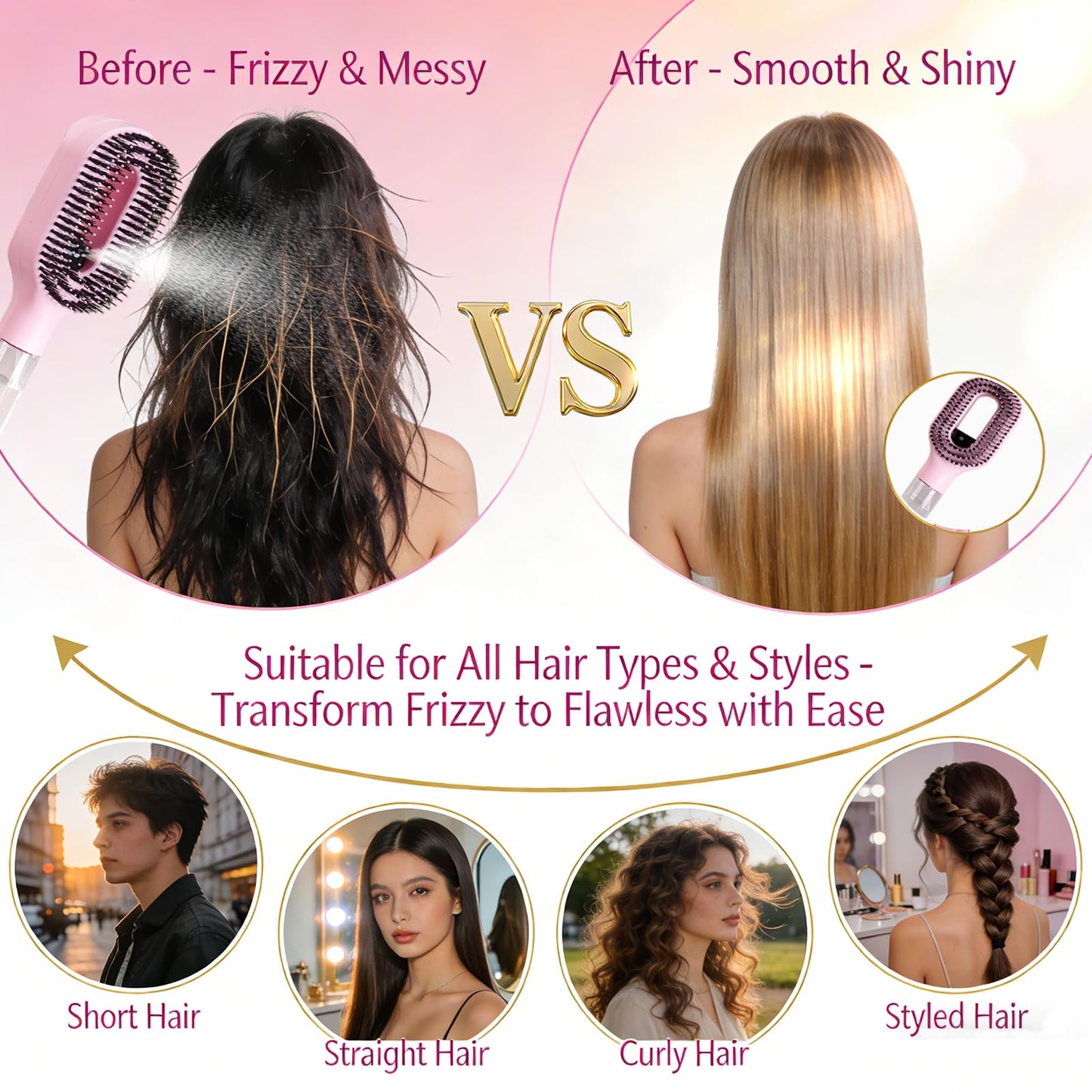 Hair Brush with Water Spray - 2-in-1 Detangling Brush with Built-in Mister Spray, 50ml Portable Spray Hair Brush for Wet & Dry Frizz-Free Styling, Women Girls & Kids(1 Kaki)