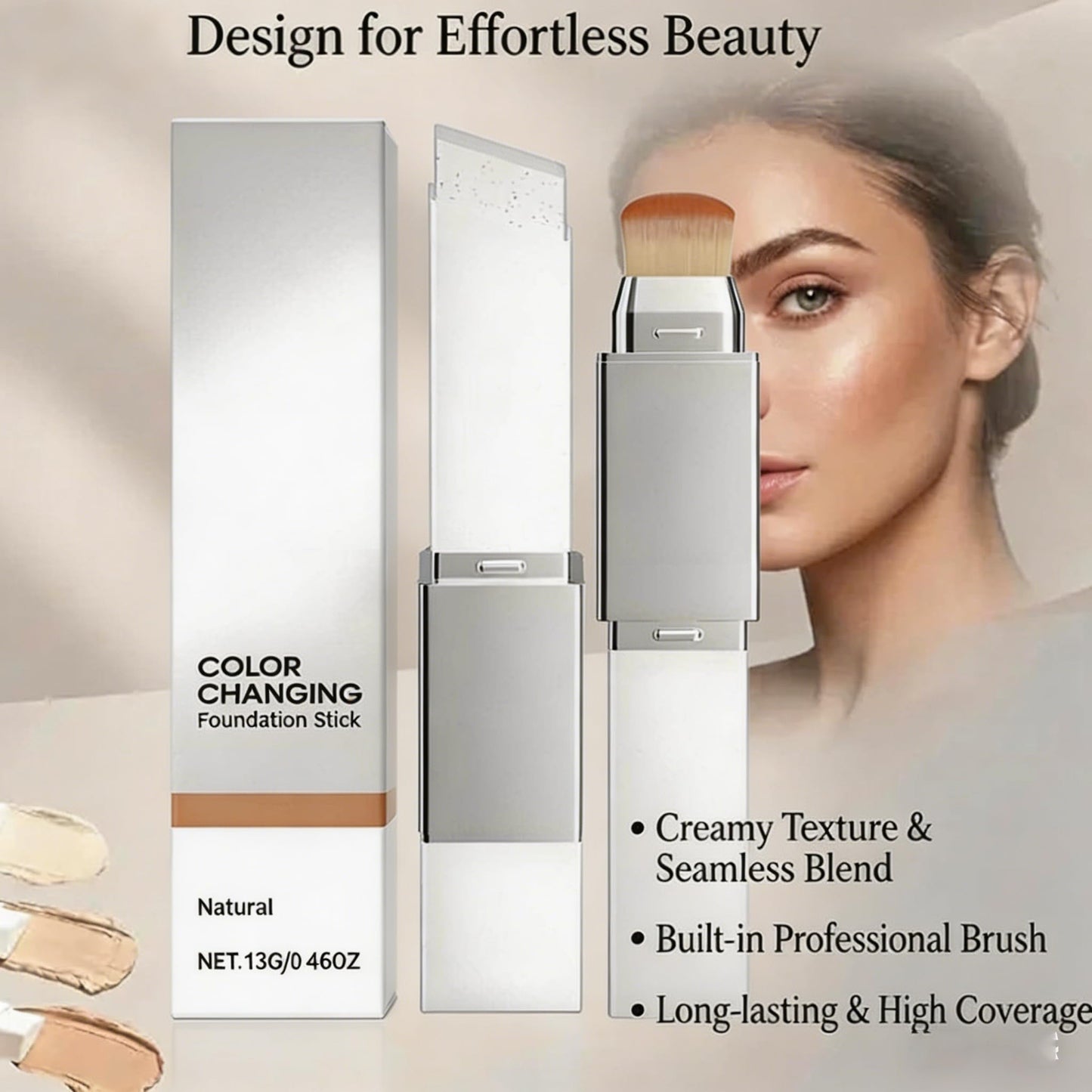 Skin Matching Foundation, Color Changing Foundation Stick, 2 in 1 Concealer Stick with Brush, Full Coverage Dual-Ended(Natural)