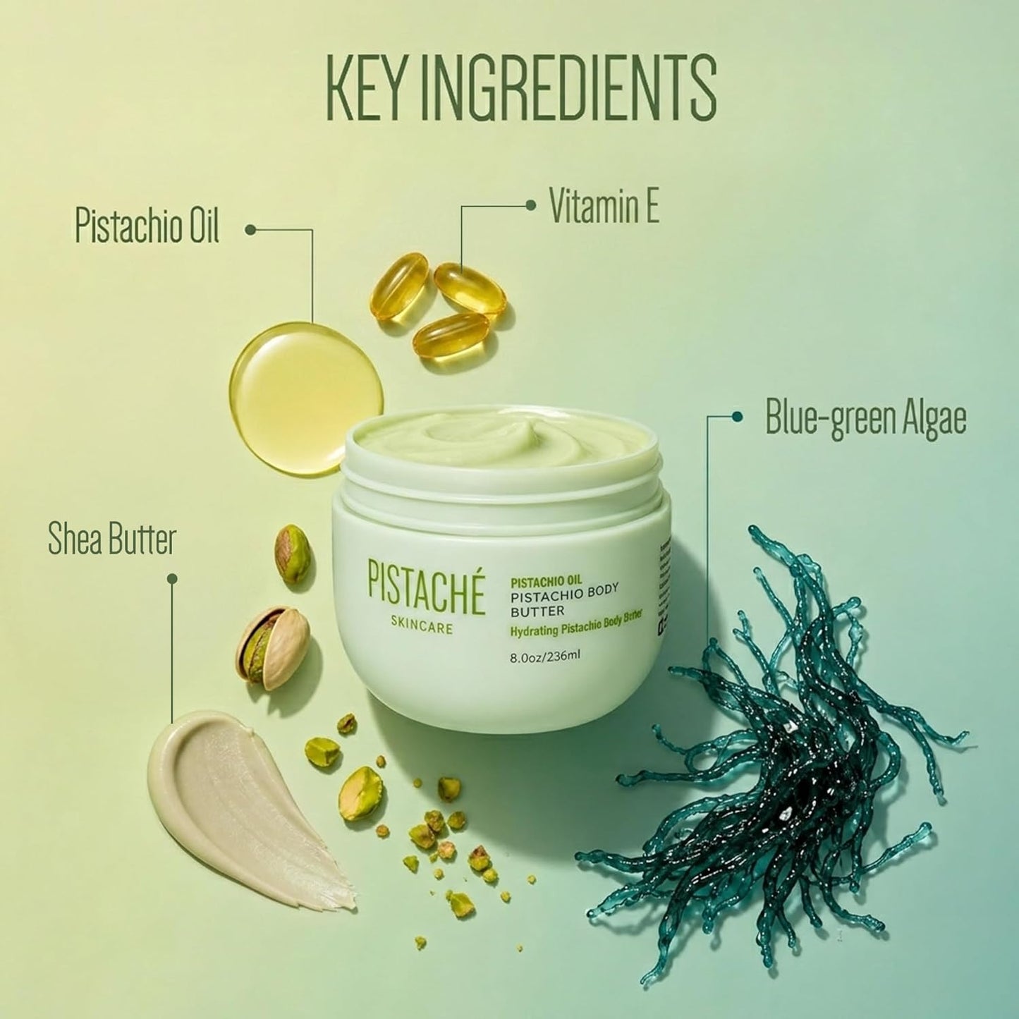 Pistaché Skincare Pistachio Oil Whipped Body Butter - Rich Moisturizer with Vitamin E | 8 oz for Dry Skin