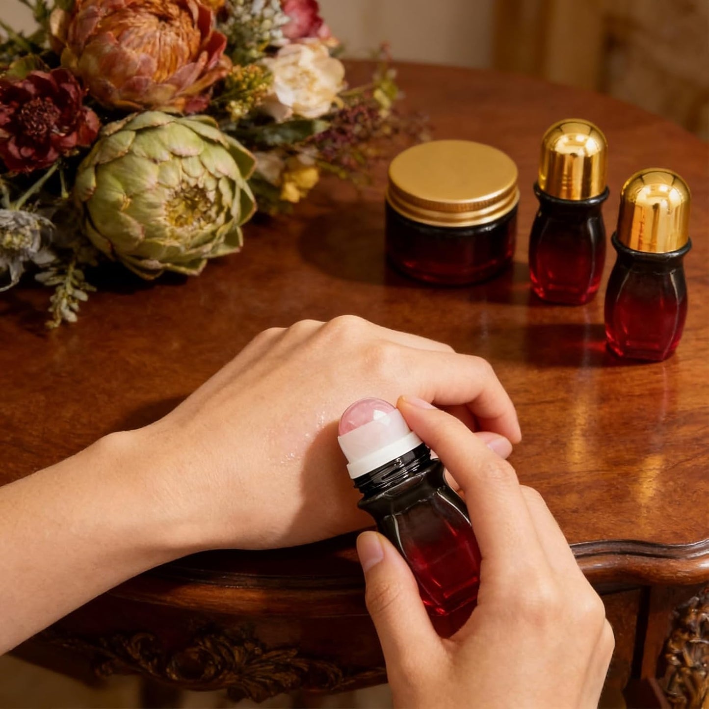 Rose Quartz Roller | 30ml Refillable Amber Glass Essential Oil Bottles - Leak-Proof Travel Perfume Container with Gold Caps