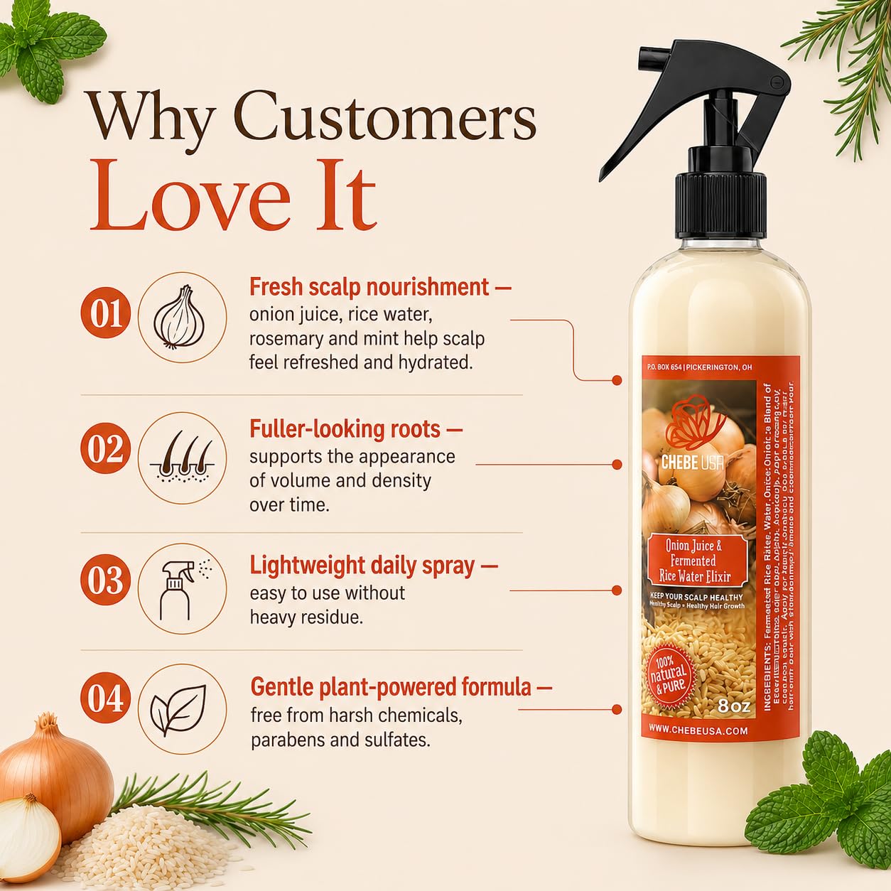 Fresh Onion Juice & Rice Water Hair Growth Spray with Rosemary & Mint (4 oz)– Strengthens Roots, Reduces Hair Fall, Promotes Thicker, Fuller Hair–Natural Scalp Treatment for Men & Women