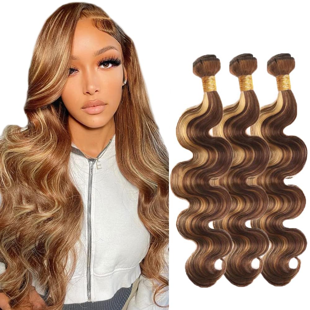 30 32 34 Inch P4/27 Highlight Blonde Bundles Human Hair Body Wave 3 Bundles Brazilian Remy Hair 50 Grams/Bundle 10A Grade Unprocessed Virgin Hairs Blonde Body Wave Bundle Weaves Extensions