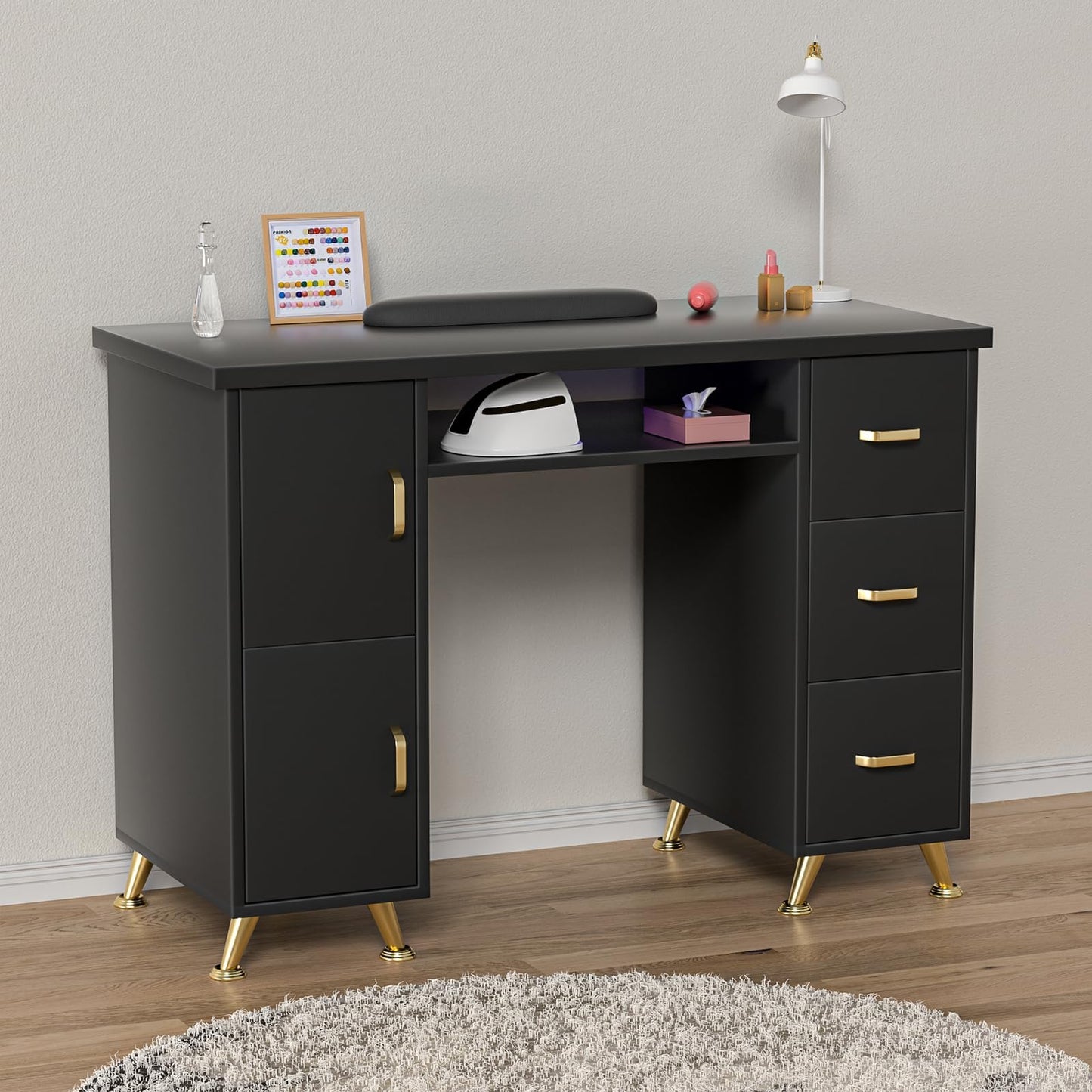 Charmmade Nail Tech Desk with Storage,Acetone-Resistant Manicure Table,Nail Table Beauty Salon Tech Station,3 Drawers,2 Cabinets,Wrist Cushion,Sturdy Metal Legs for Salon,Spa,Home (Black-Gold)