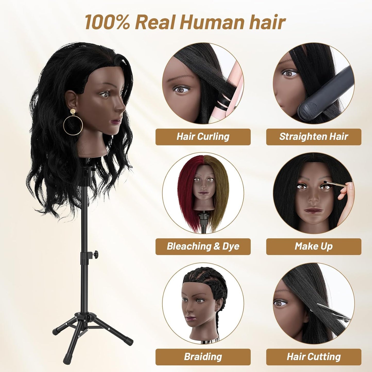 Human Hair Mannequin Head - 20"-22" Cosmetology Doll with 30" Tripod Stand for Hair Styling Practice