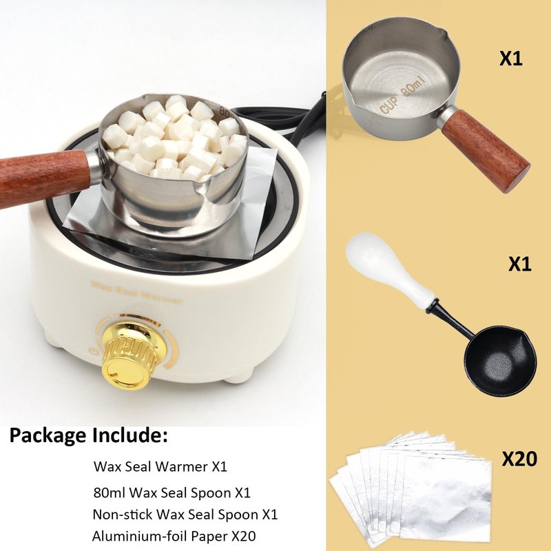 Andotopee Electric Wax Seal Warmer and Spoon Kit with 80ml Spoon, Non-Stick Sealing Wax Spoon, Tinfoil for Fast Melting Beads and Sticks - Sealing Melting Furnace Set for Stamp Seals Craft, White