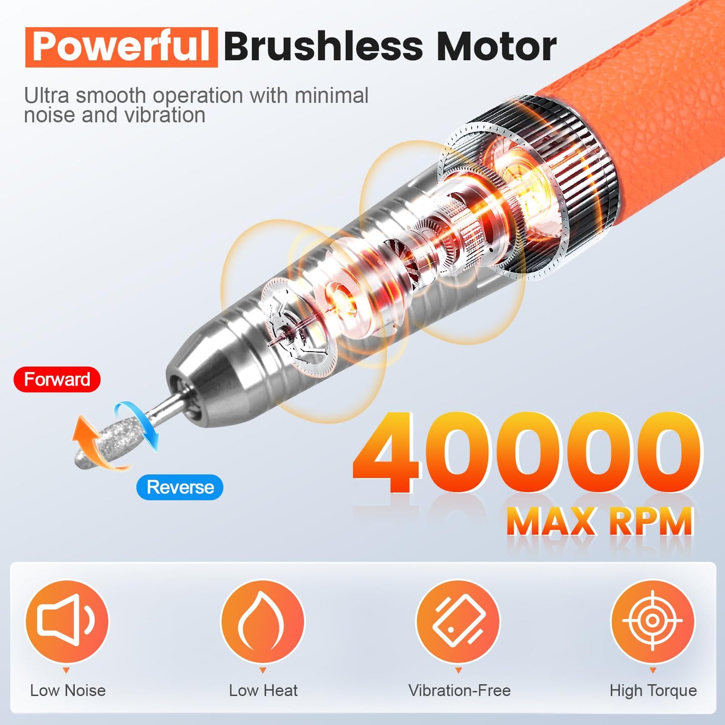HoMove Professional Nail Drill, 40,000RPM Brushless Electric Nail File, Cordless Rechargeable Portable Nail Efile Machine