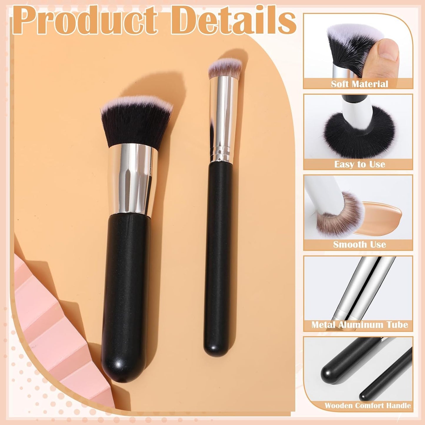 Foundation Brush Set - 6Pcs Liquid Makeup Brushes with Sponge & Powder Puff | Black