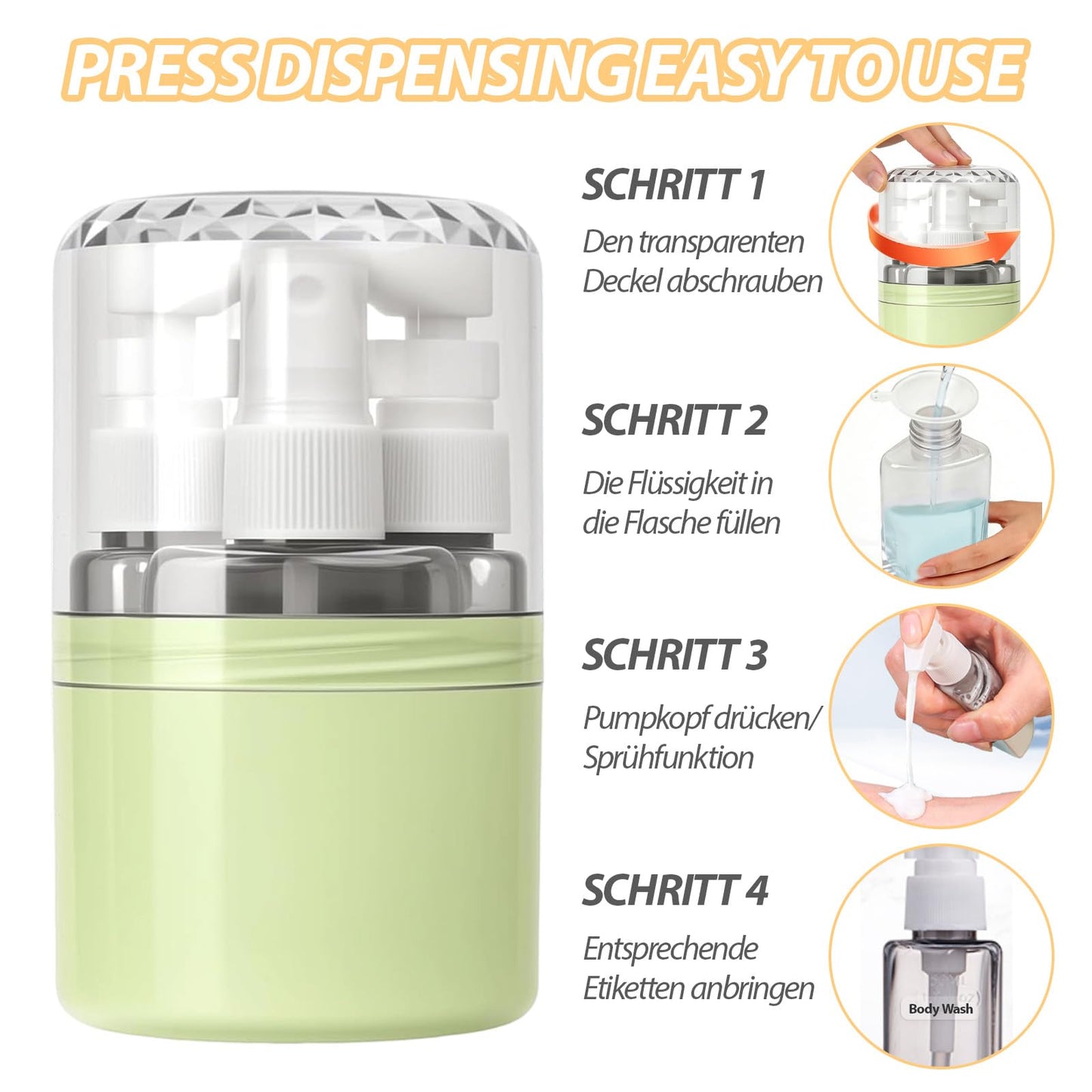 Xkingpreo 4 In 1 Travel Dispenser Bottle Refillable, Travel Bottles No Spill Space Saving Compact, For Vacation Business Trip, With Scale, English Label (Pink,4-1)