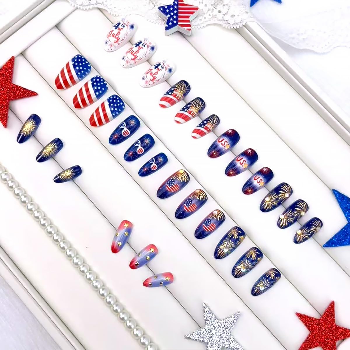 30Pcs 4th of July Press-On Nails - Medium Almond Patriotic Acrylic Nails | Red, Blue & White Designs