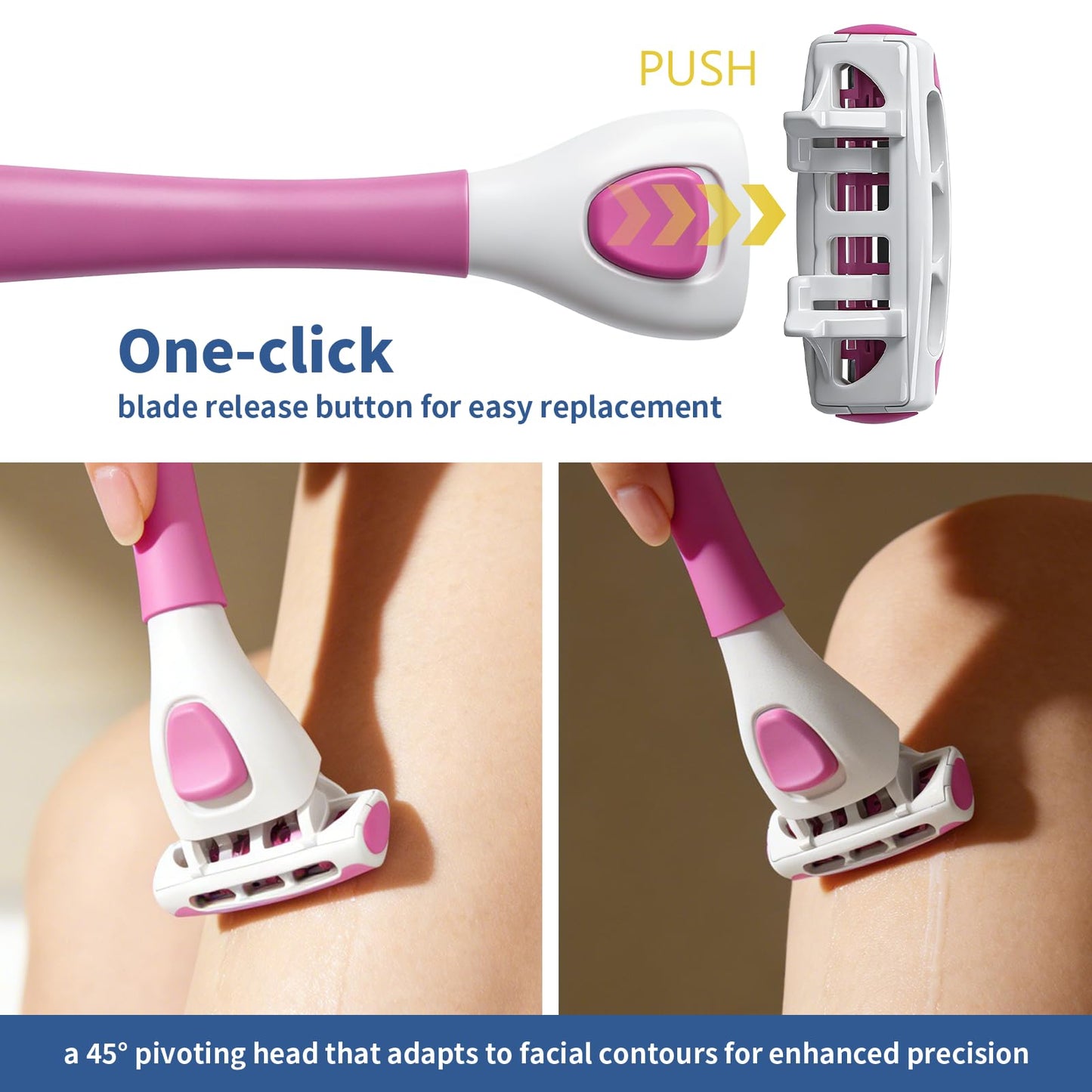 FYNEDGE Women's Safety Razor with 6 Replacement Blade Refills- 4 Blade Razors for Women, 1 Pink Handle Rubber Grip, 45° Pivoting Head, Lubricating Strip & Cleaning Brush for Smooth Shaving