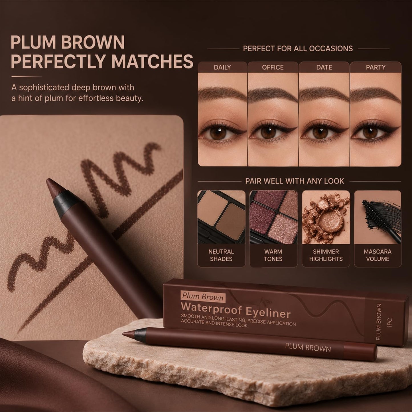 Waterproof Eyeliner Pencil - Plum-Brown, Smudge-Resistant, Long-Lasting Cream Gel | Precision Eye Makeup Tool