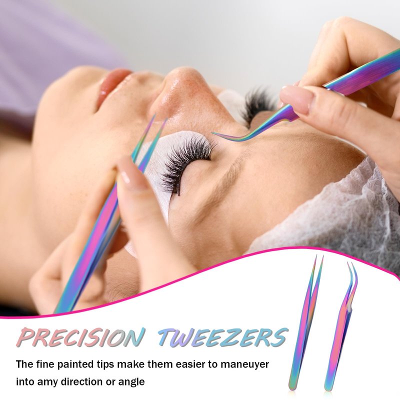 2pcs Precision Nail Art Eyelash Extension Tweezers - Stainless Steel False Lash Application Tools, Curved & Straight Tip
