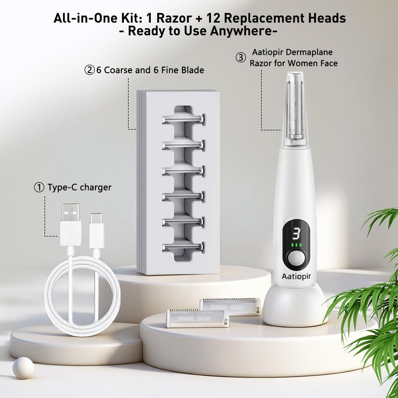 Aatiopir Sonic Dermaplaning Tool for Women 3 Speeds LED Electric Dermaplane Razor Sensitive Skin Facial Peach Fuzz Remover Exfoliator, 12 Replaceable Blades 6 Fine 6 Coarse, 2-Year Warranty