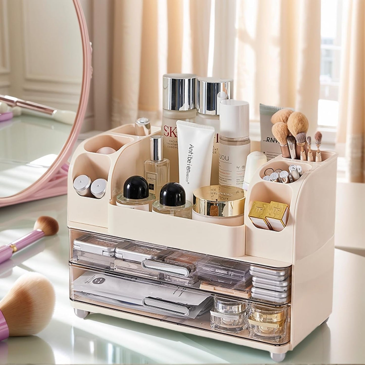 Makeup Organizer - 2 Drawer Cosmetic Display Case for Vanity & Bathroom | Cream Color Storage Holder