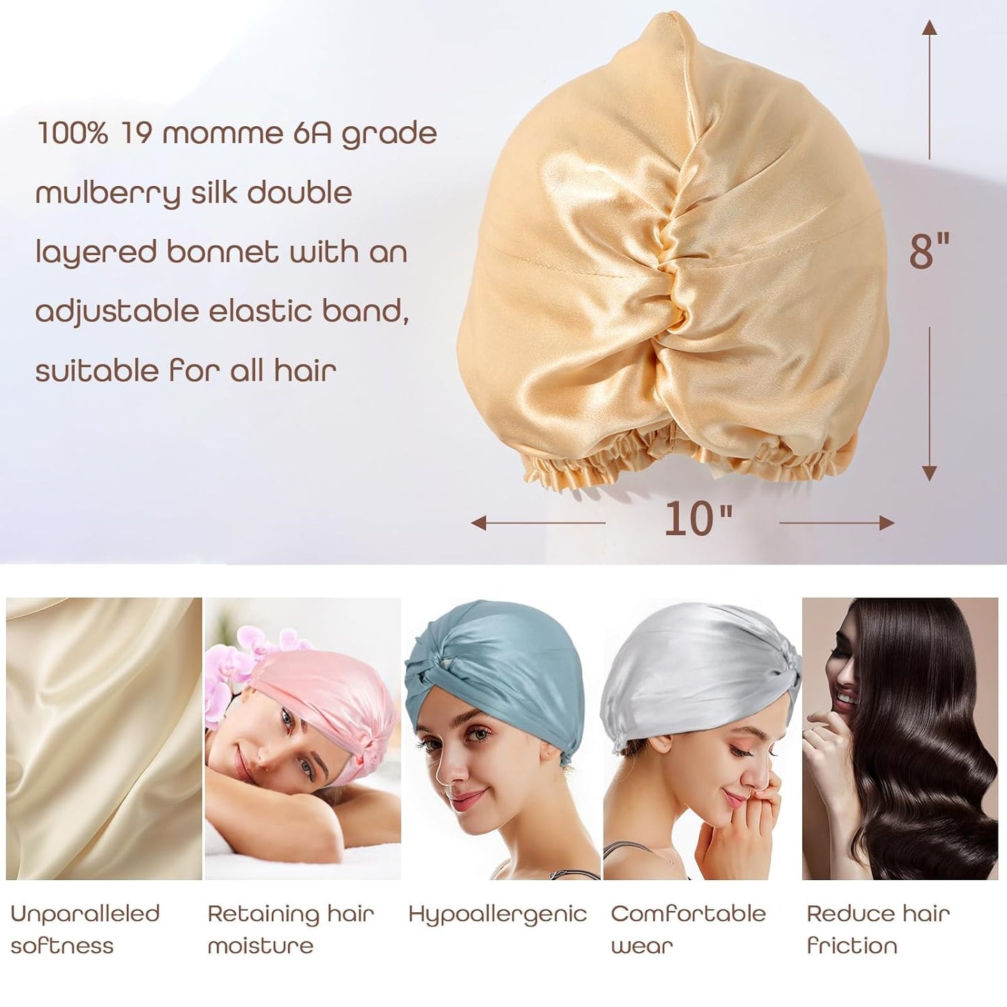 Mulberry Silk Bonnet Sleep Cap - Double Layer Turban for Night Hair Care | Adjustable Band, 9 Colors Available