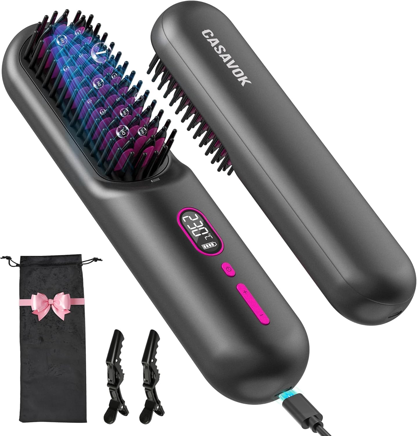 Cordless Hair Straightener Brush - Go Brush Pro for Short Hair | 20M Negative Ions, Fast Heat, 12 Temp Settings, Grey