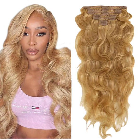 #27 Blonde Clip in Hair Extensions Real Human Hair, 28 Inch 120g/7Pcs,Full Shine Remy Human Hair,Honey Blonde Long Wave Clip ins Brazilian Virgin Human Hair Extensions