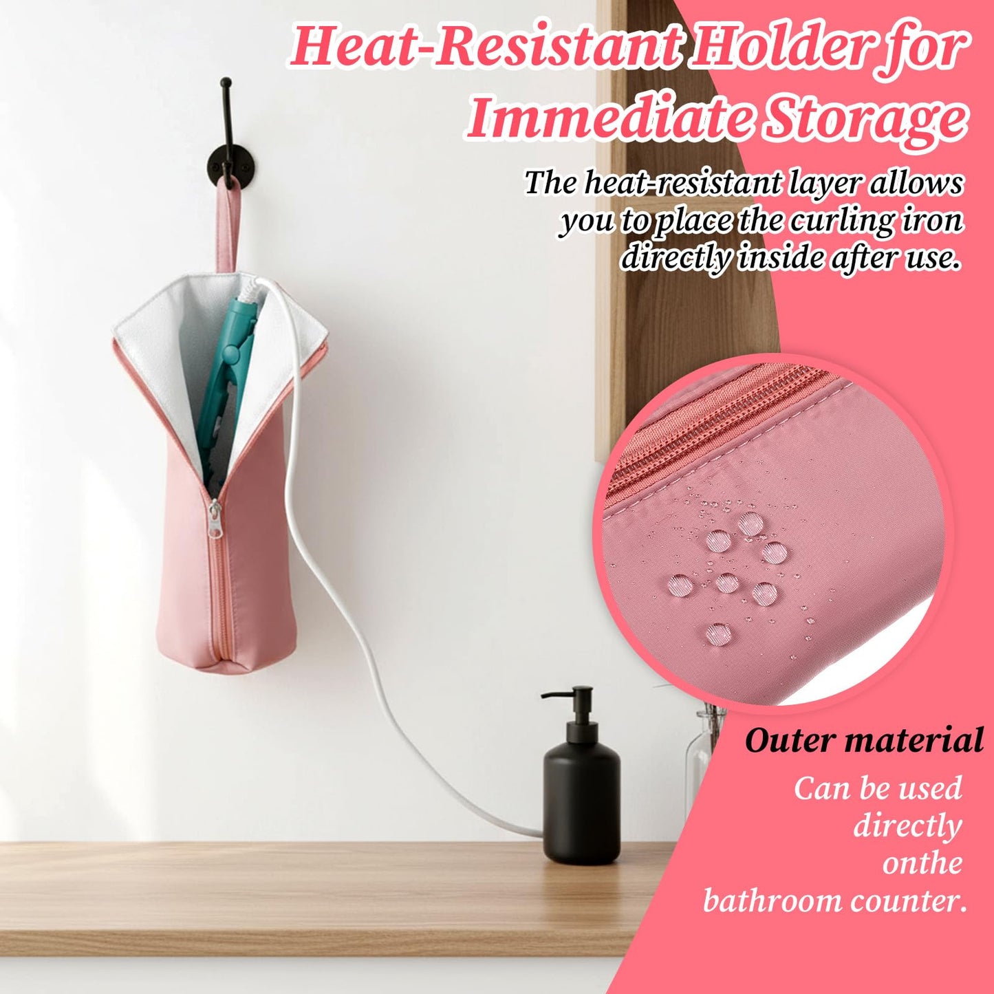 Gsbnjuy Hot Iron Holder Hot Tools Organizer Heat Resistant Mat Case Portable Hair Styling Tools Cover Pouch Hair Straightener Travel Bag with Zip for Curling Flat Iron Home Travel Pink