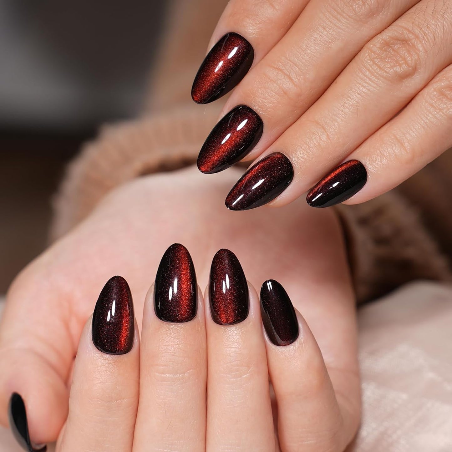 Cat Eye Press On Nails - Short Almond Fake Nails with Nail Glue | Reusable Brown Red 32-Piece Kit in 16 Sizes for Women & Girls