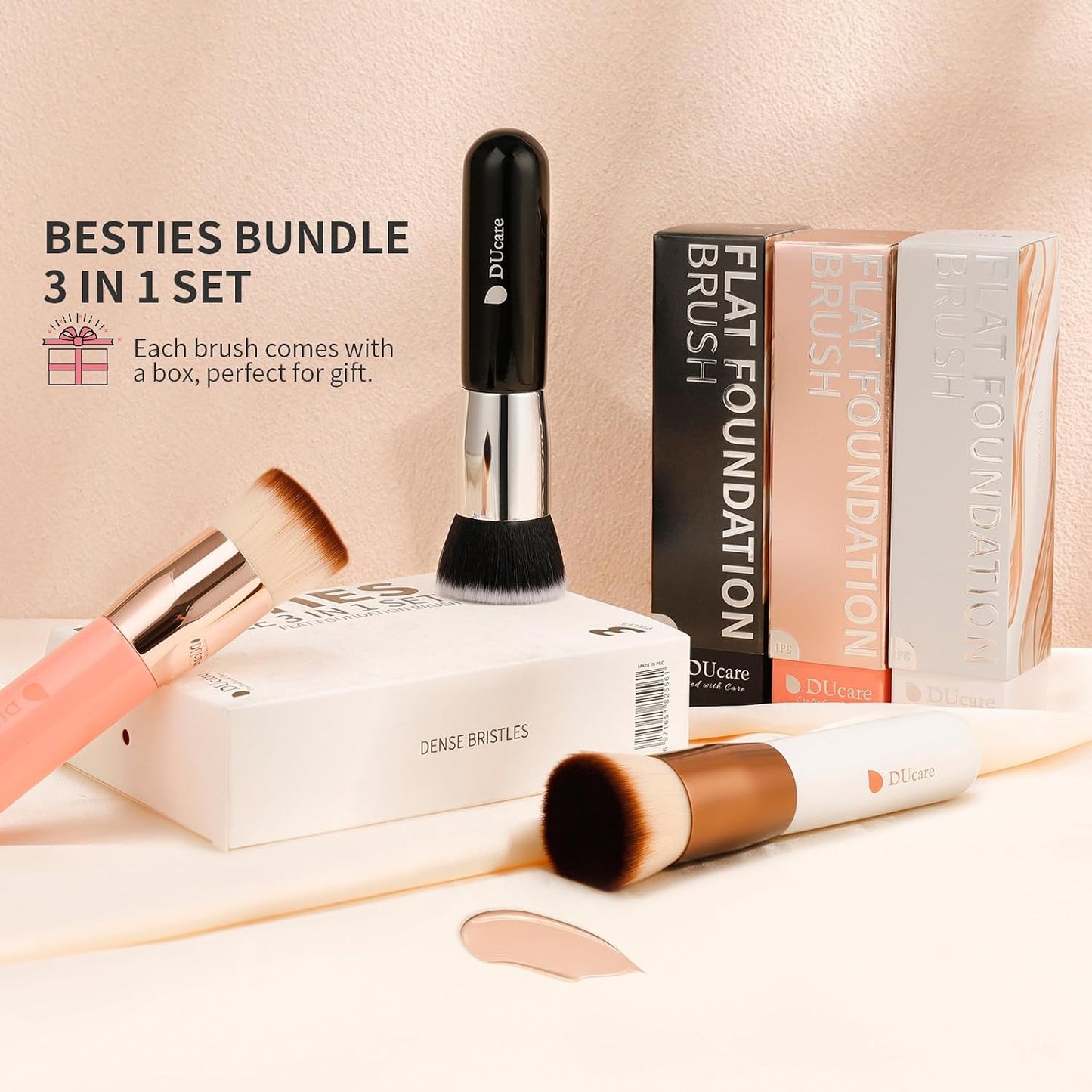 DUcare Large Flat Top Kabuki Foundation Brush Set - 3 Premium Brushes for Liquid, Cream & Powder Makeup | Buffing & Blending