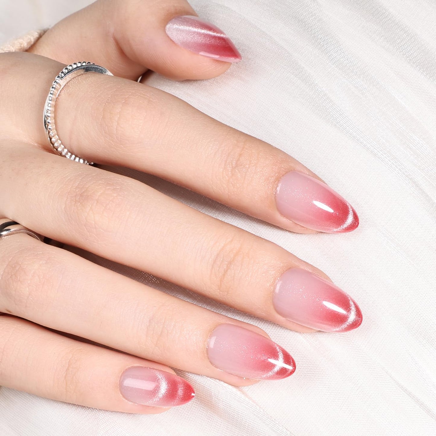 Red Cat Eye Press On Nails - Almond Short Reusable Fake Nails | 32pcs in 16 Sizes, Garnet Color