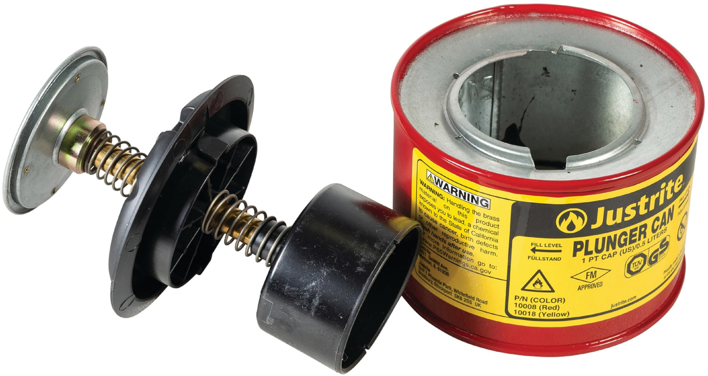 Justrite Plunger Can for Solvents, 1 Pint Capacity, 5.25" x 4.9" Steel Push-Down Solvent Dispenser Can, Made in the USA Industrial Mechanic Tools, Red, 10008