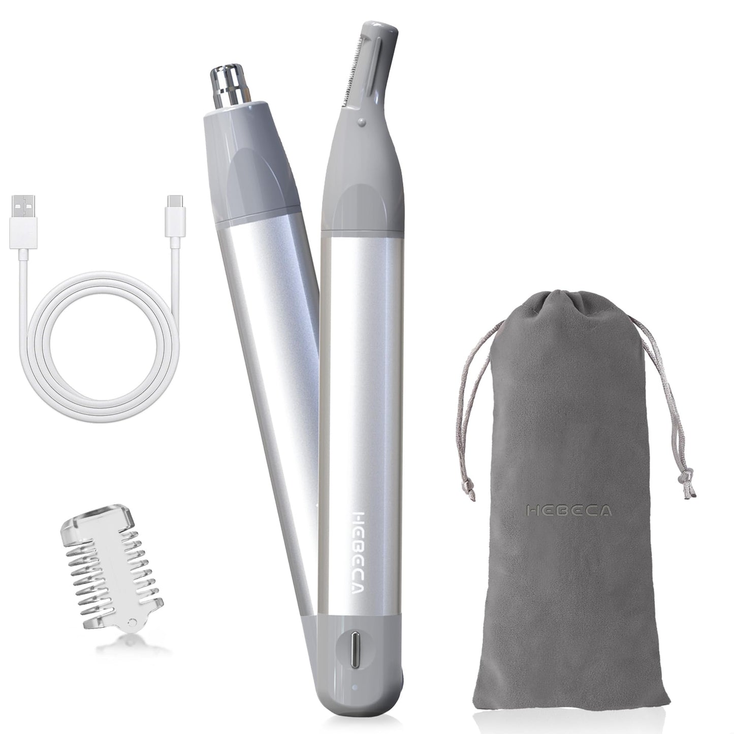 HEBECA Nose Hair Trimmer for Men & Women - 2in1 Rechargeable Ear and Nasal Hair Trimmer, Waterproof Nose Clipper, Electric Eyebrow Trimmer & Facial Hair Remover Grooming Set (Silver Grey)