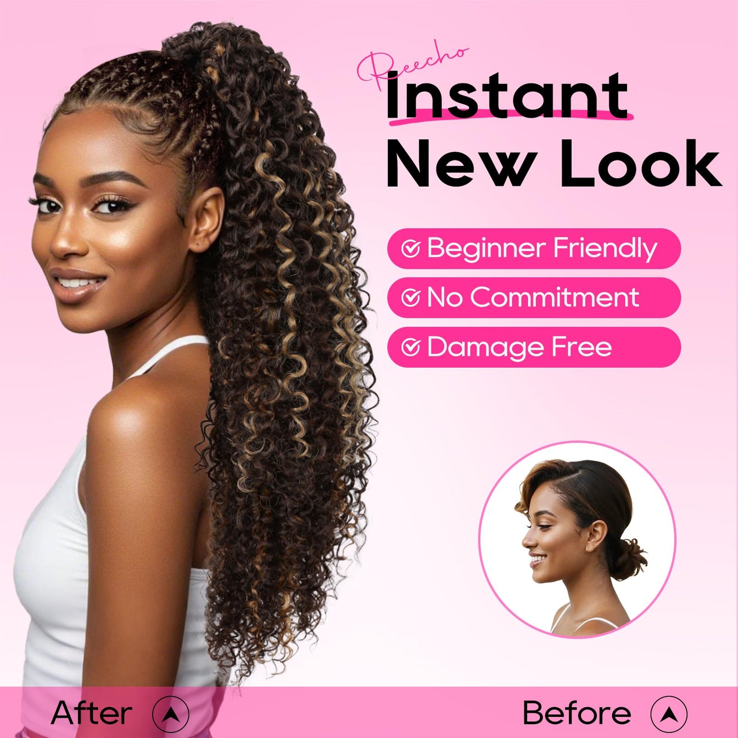 REECHO Ponytail Extension - 26" Long Curly 2-in-1 Claw Clip & Drawstring Ponytail Hair Extensions 100% Super Protein Pony Tail Hairpieces for Women - Golden Walnut
