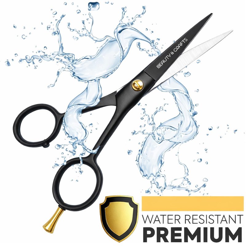 Beauty & Crafts 5” Professional Beard & Mustache Scissors for Men | German Stainless Steel Beard Trimming Shears with 2 Mustache Combs & Premium Pouch for All Facial Hair (Black)