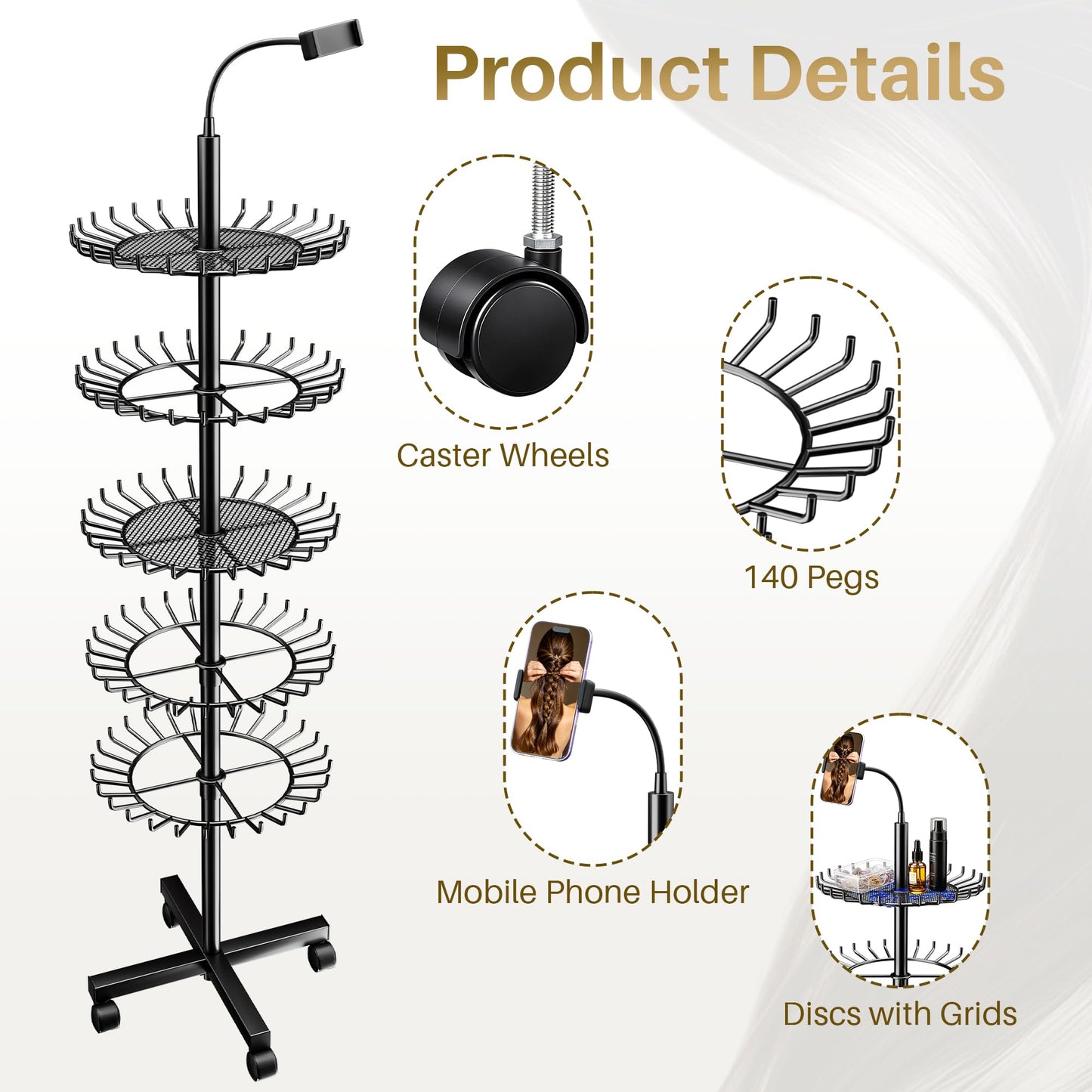 Braiding Rack, SouStoCol Braiding Hair Rack With 140 Pegs, Tray and Wheels, Adjustable Braiding Rack Stand for Hair with Phone Holder for Displaying and Separating Hair (Black)