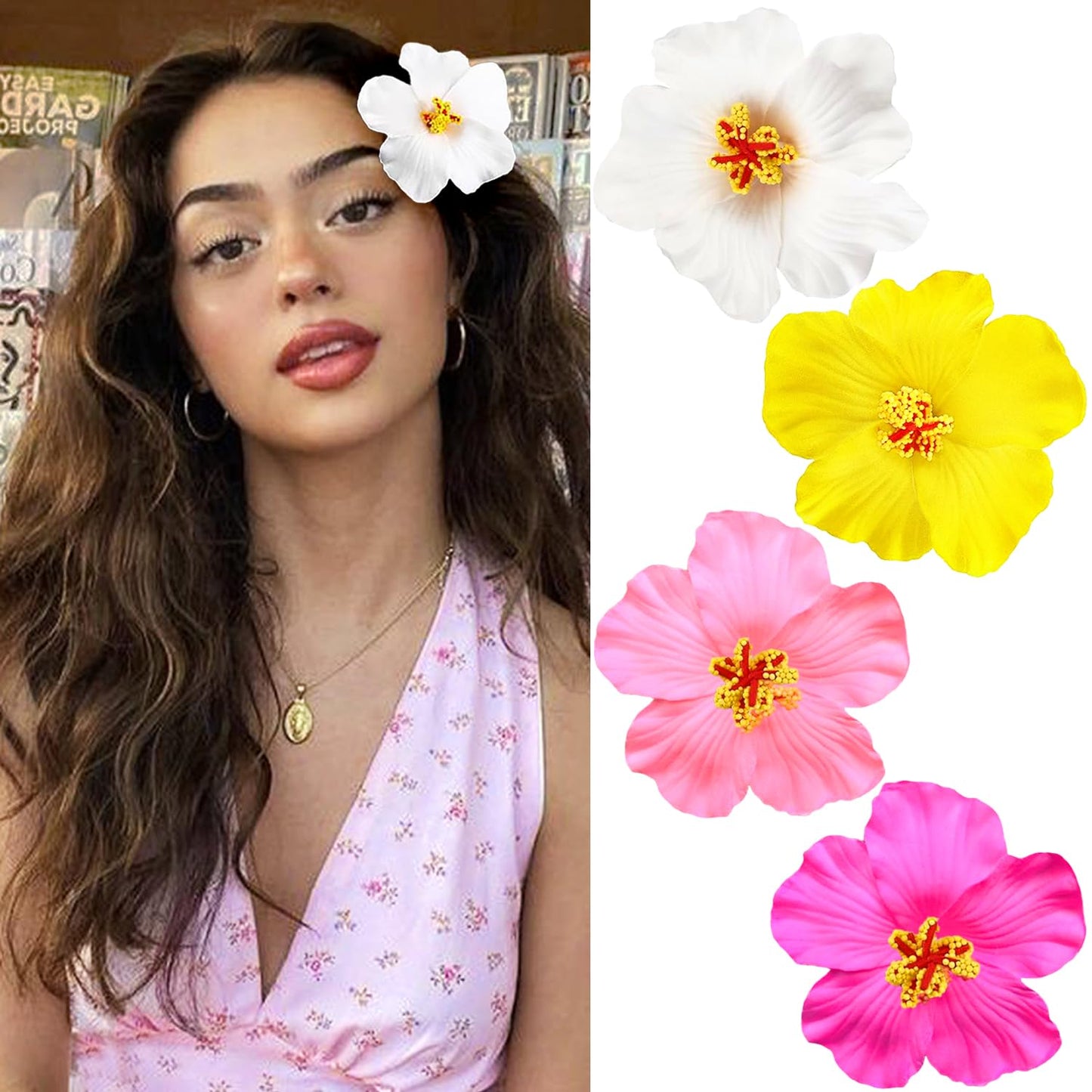 Hawaiian Flower Hair Clips - 4 Pcs Plumeria & Hibiscus Barrettes | 3.5 Inch Artificial Floral Accessories for Beach & Wedding