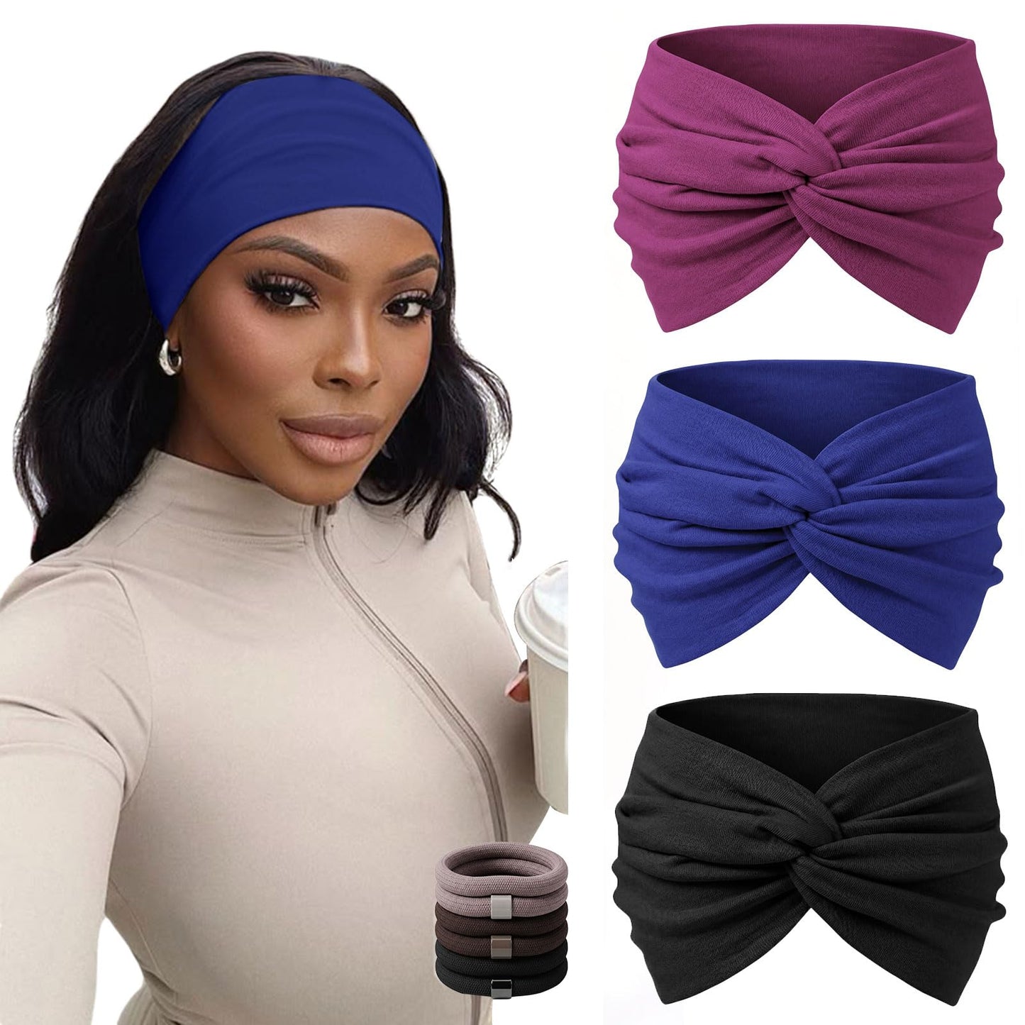 WENNKINN 7-Inch Wide Headbands for Women – 3 Pack Soft Thick Turban Hair Bands, Bandana-Style Head Wraps for Workout Yoga Sleep, Fashion Accessories with 6 Pcs Hair Ties-Blue, Purple Red, Black