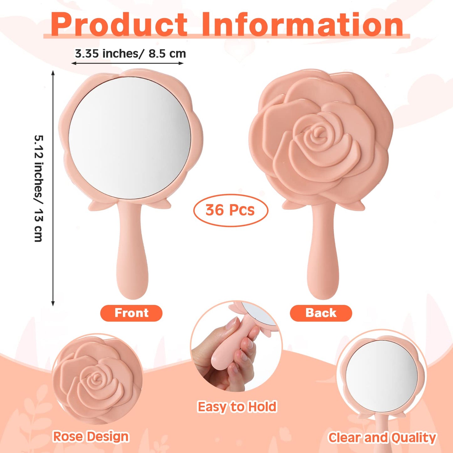 Wesiti 36 Pcs Handheld Compact Rose Design Princess Mirror Portable Makeup Mirror for Girls & Women Princess Party Favors Quinceanera Party Favors (Pink)